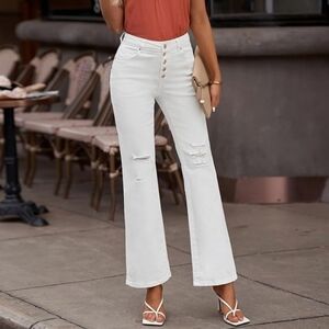 White High-Rise Button Fly Distressed Jeans – Size Medium